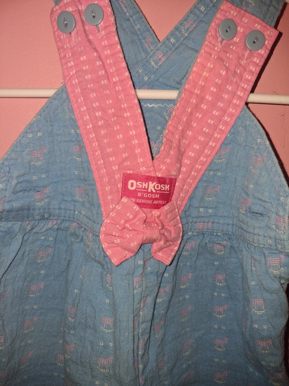 Vtg 80s OshKosh Overalls sz 12M Bubble Pink Blue Rocking Horse Bows Pink Vestbac